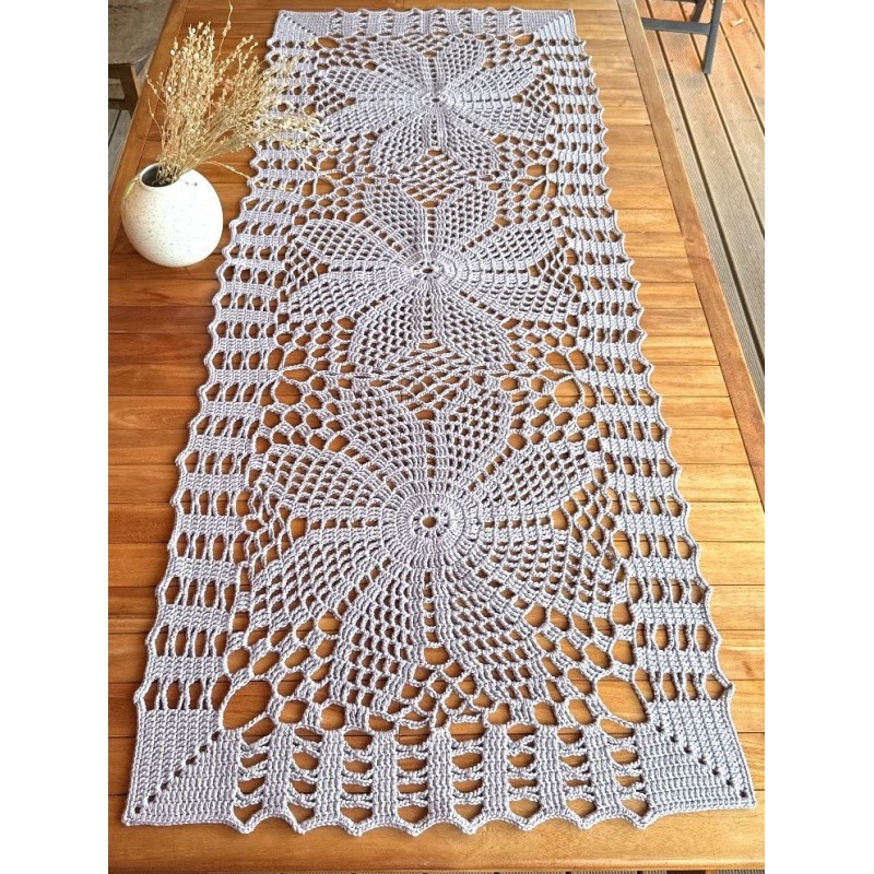 Crocheted table runner "Spring", grey, 70x180cm